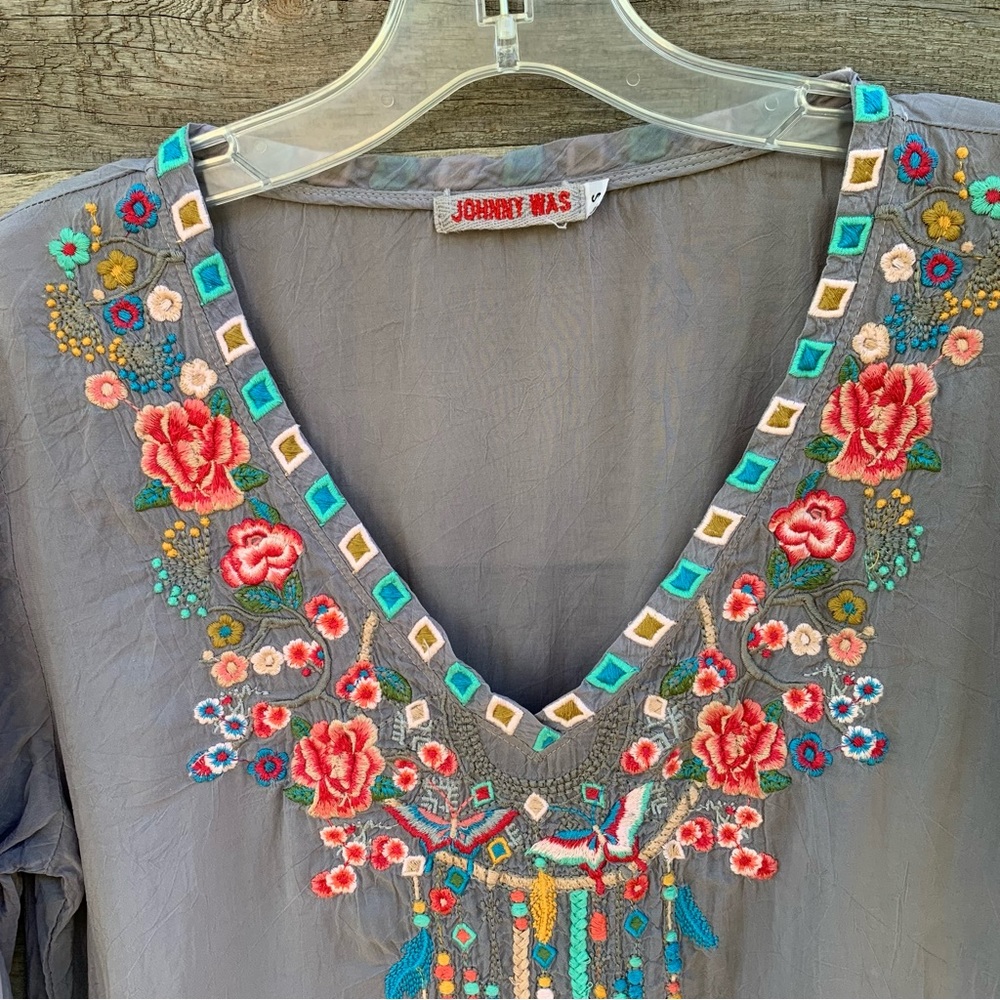 Johnny Was Blouse Womens S Boho Embroidered Short Sleeve Vneck Gray Multicolor - Picture 3 of 16